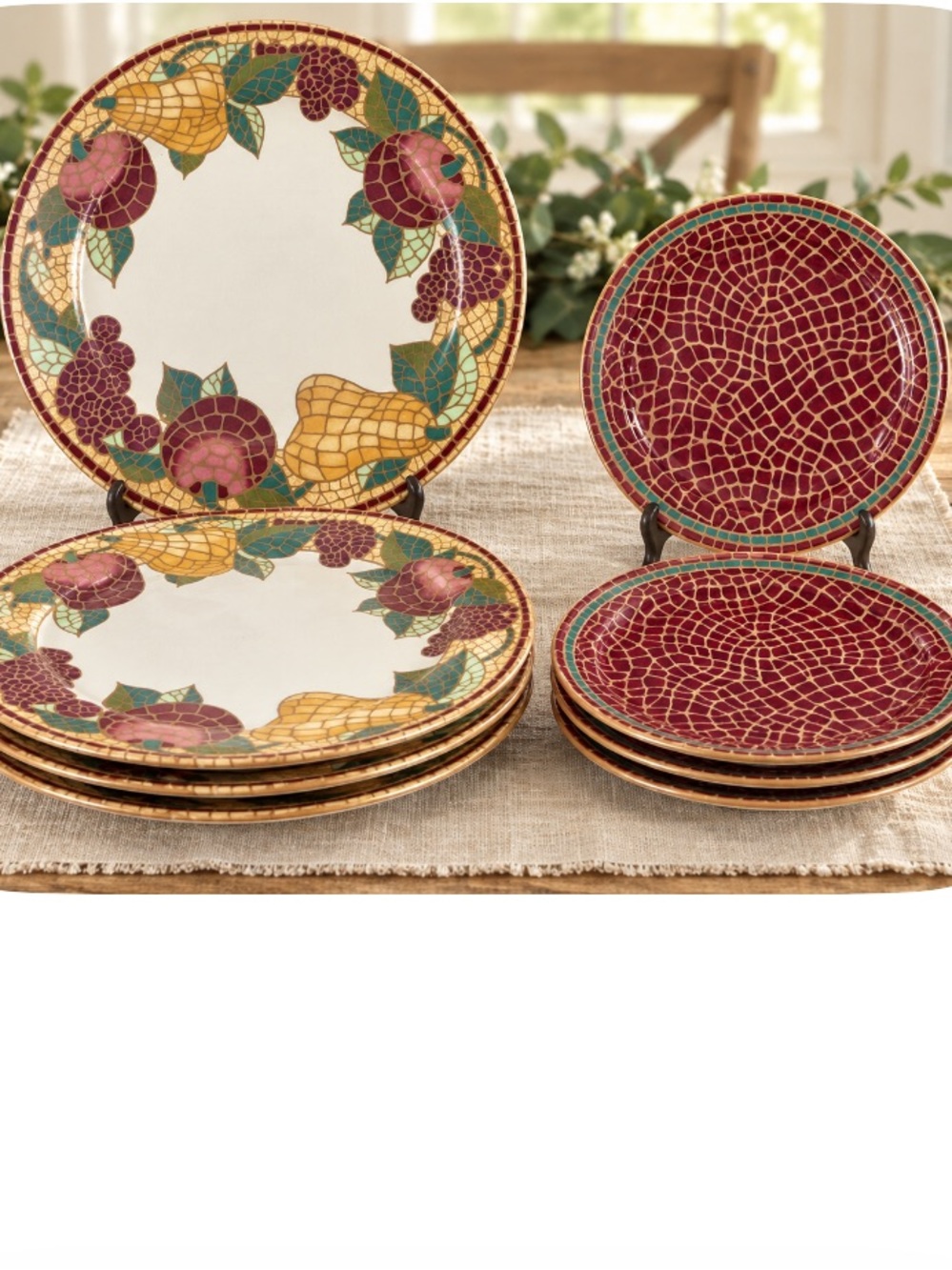Pier 1 Fruit Motif Dinner and Side Plate Set - Red, Green, Yellow, Cream